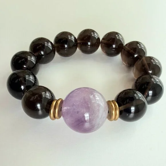 Large Unisex Smoky Quartz & Amethyst Statement Bracelet - 21mm - Picture 1 of 7